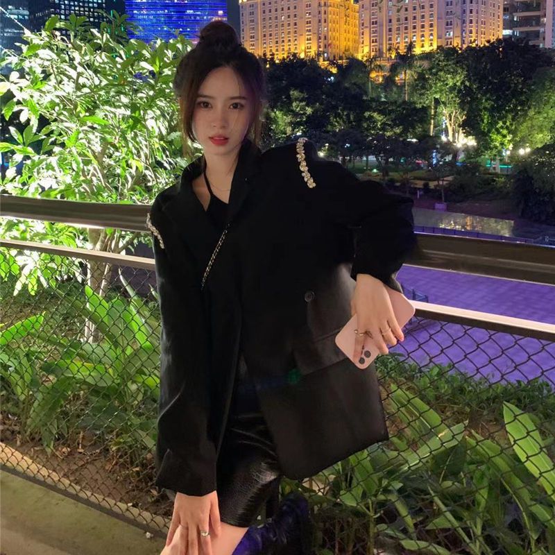 Thin black fashion small suit spring and autumn retro Hong Kong style loose drape sweet cool long-sleeved suit jacket for women