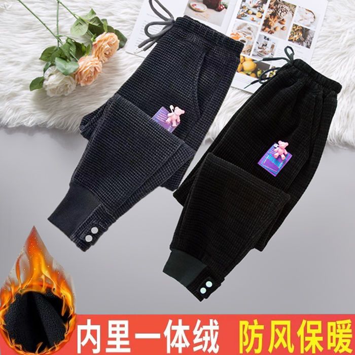 女童燈芯絨褲子加絨加厚秋冬外穿洋氣中大童黑色一體絨休閒運動褲