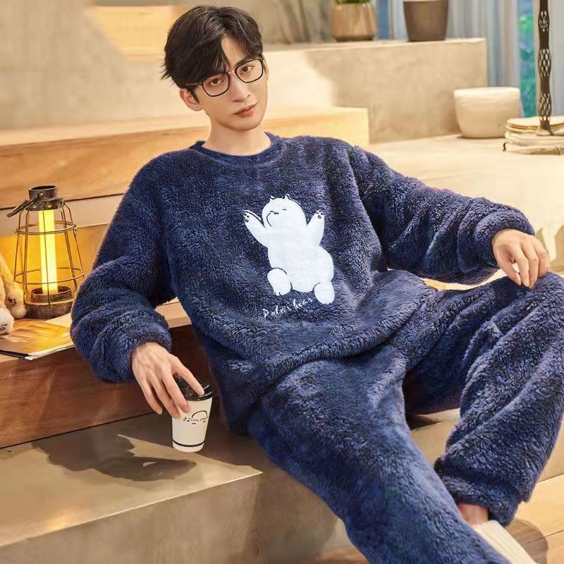 Autumn and winter coral fleece pajamas men's large size long-sleeved plus velvet thickened loose youth flannel home service suit men