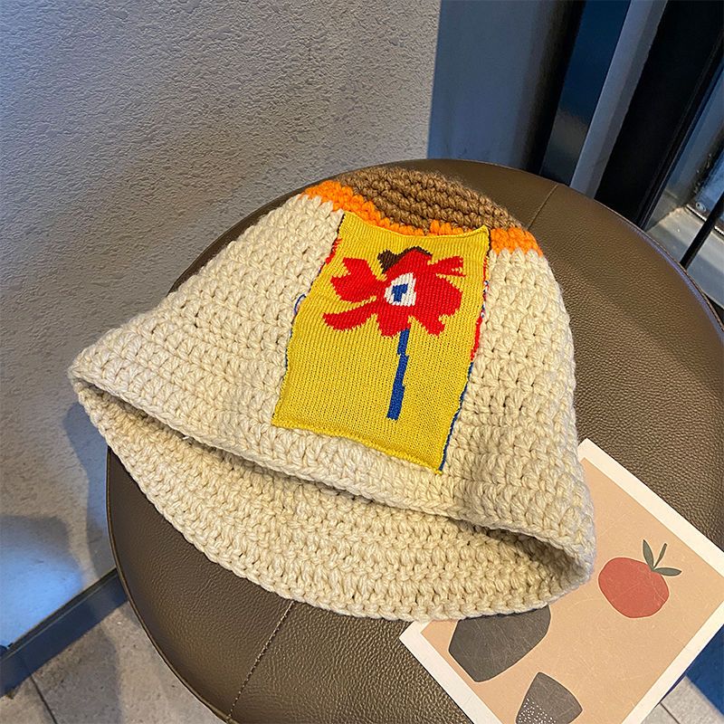 韩国ins花朵补丁设计师针织毛线帽子女秋冬百搭显脸小保暖水桶帽