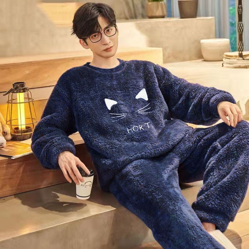 Autumn and winter coral fleece pajamas men's large size long-sleeved plus velvet thickened loose youth flannel home service suit men