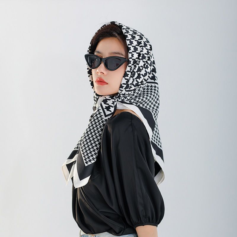 Silk Scarf Women's Spring and Autumn Fashion Versatile Thousand Bird Checker Square Scarf Hair Band 2021 Summer Thin_voghion.com
