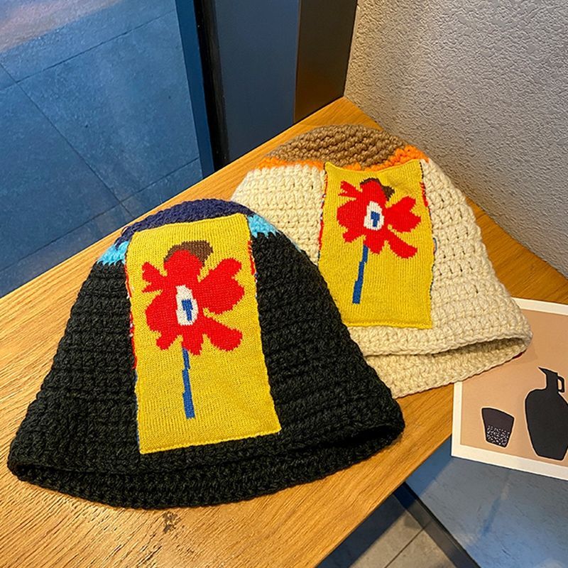 韩国ins花朵补丁设计师针织毛线帽子女秋冬百搭显脸小保暖水桶帽