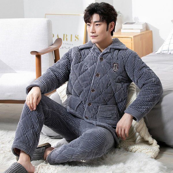 Men's pajamas winter thickened plus velvet three-layer quilted coral fleece flannel autumn and winter warm home clothing set