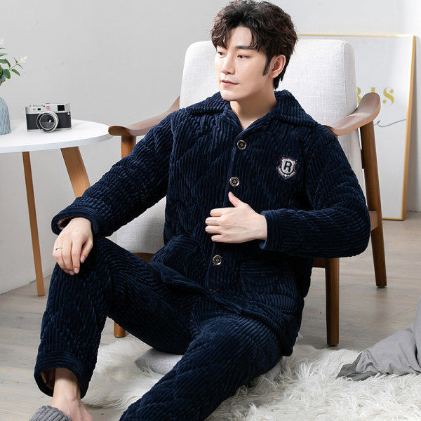 Men's pajamas winter thickened plus velvet three-layer quilted coral fleece flannel autumn and winter warm home clothing set
