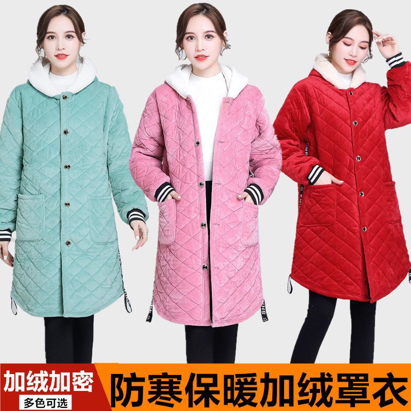 New style fleece overcoat adult women autumn and winter thickened three-layer cotton long-sleeved apron household fashion warm jacket