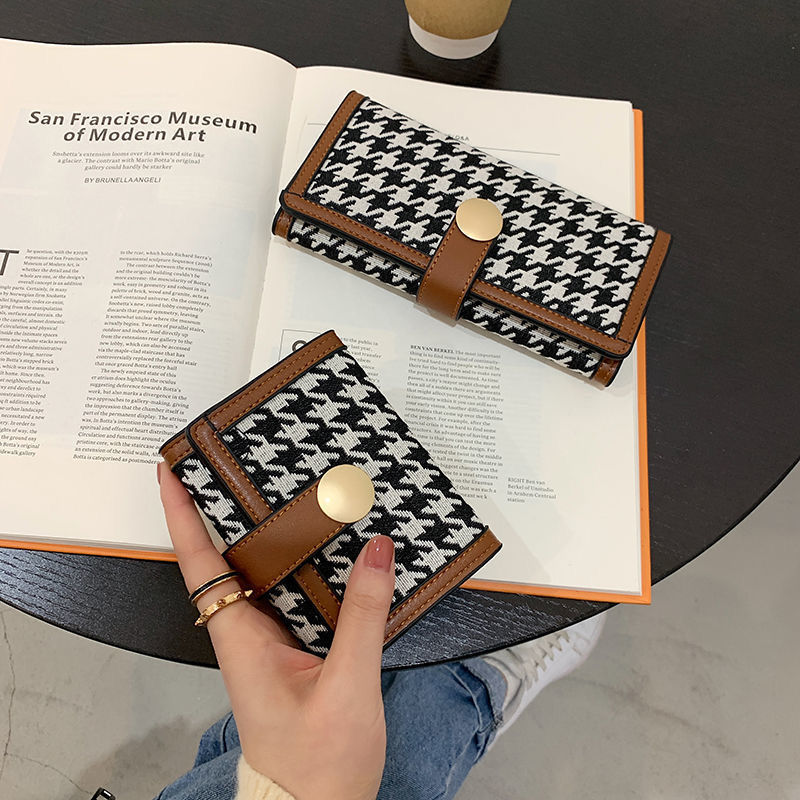 New Houndstooth Canvas Small Wallet Women's Short Contrast Color Folding Coin Clip Multi-card Buckle Long Clutch