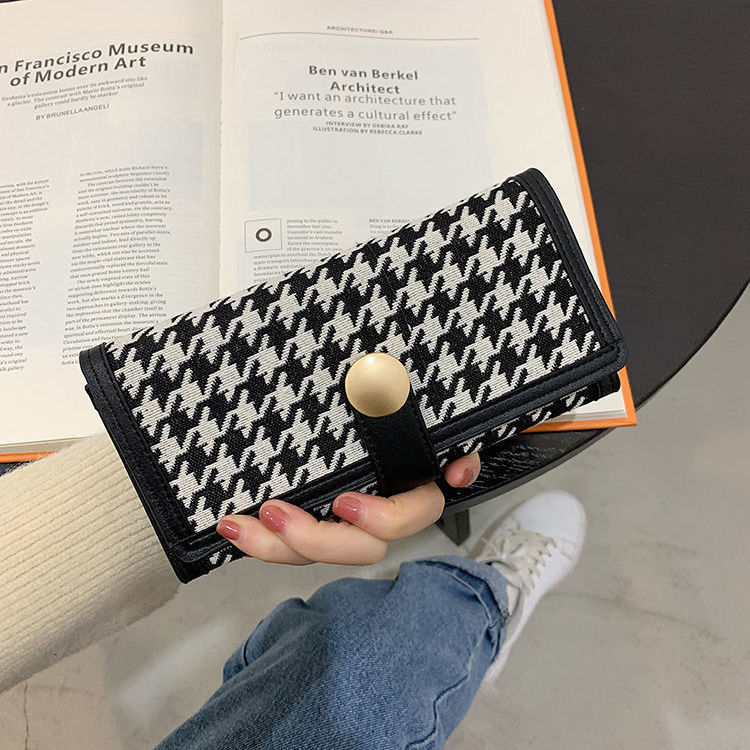 New Houndstooth Canvas Small Wallet Women's Short Contrast Color Folding Coin Clip Multi-card Buckle Long Clutch