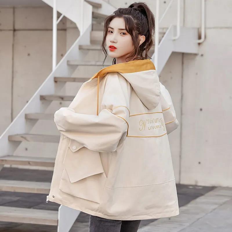 New spring and autumn large size fat mm tooling jacket female Korean version loose all-match student hooded windbreaker female ins tide