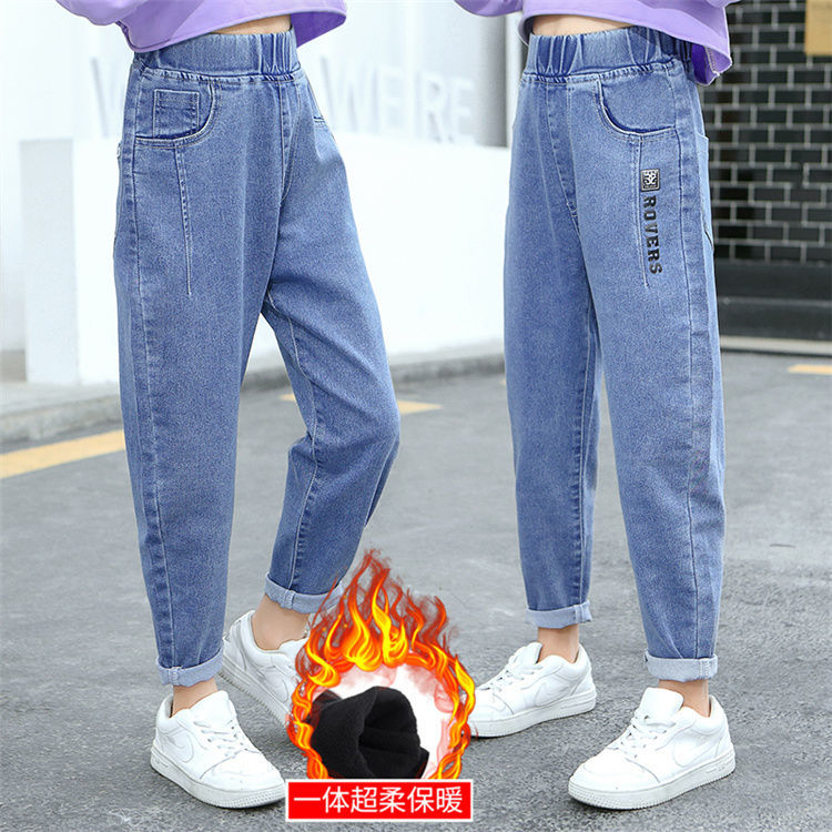 女童牛仔老爹褲加絨加厚2023新款4-14女孩彈力中大童寬鬆兒童長褲