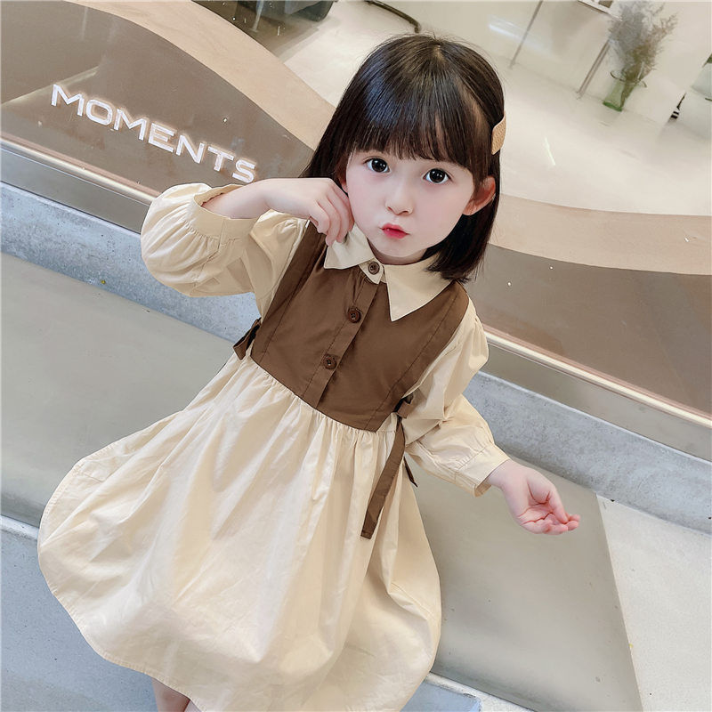 女童連衣裙女寶寶裙子兒童小女孩假兩件長袖襯衫裙2023新款公主裙