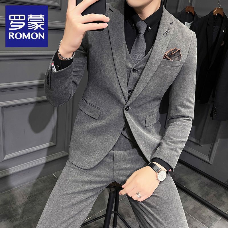 Romon men's high-end suit full set male Korean version of the slim casual suit suit brother group wedding groom dress