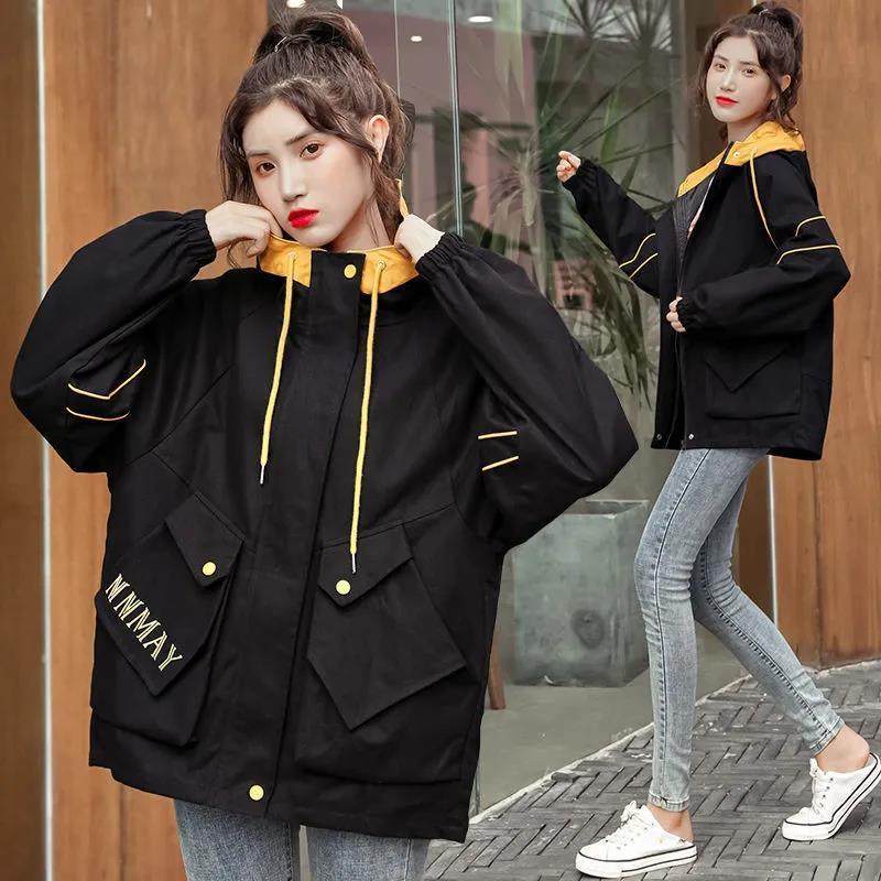 New spring and autumn large size fat mm tooling jacket female Korean version loose all-match student hooded windbreaker female ins tide