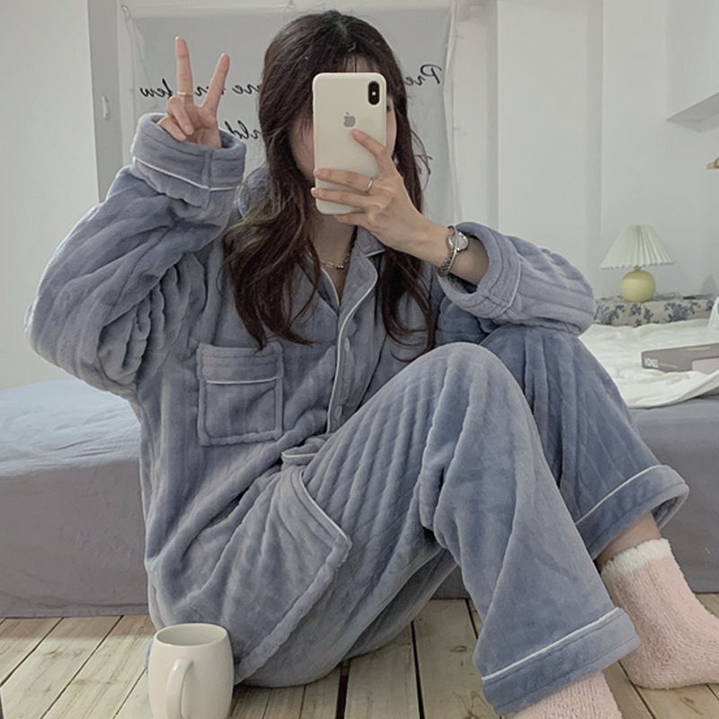 Coral fleece pajamas women's autumn and winter plus velvet thickened long-sleeved net red students cute flannel home service suit