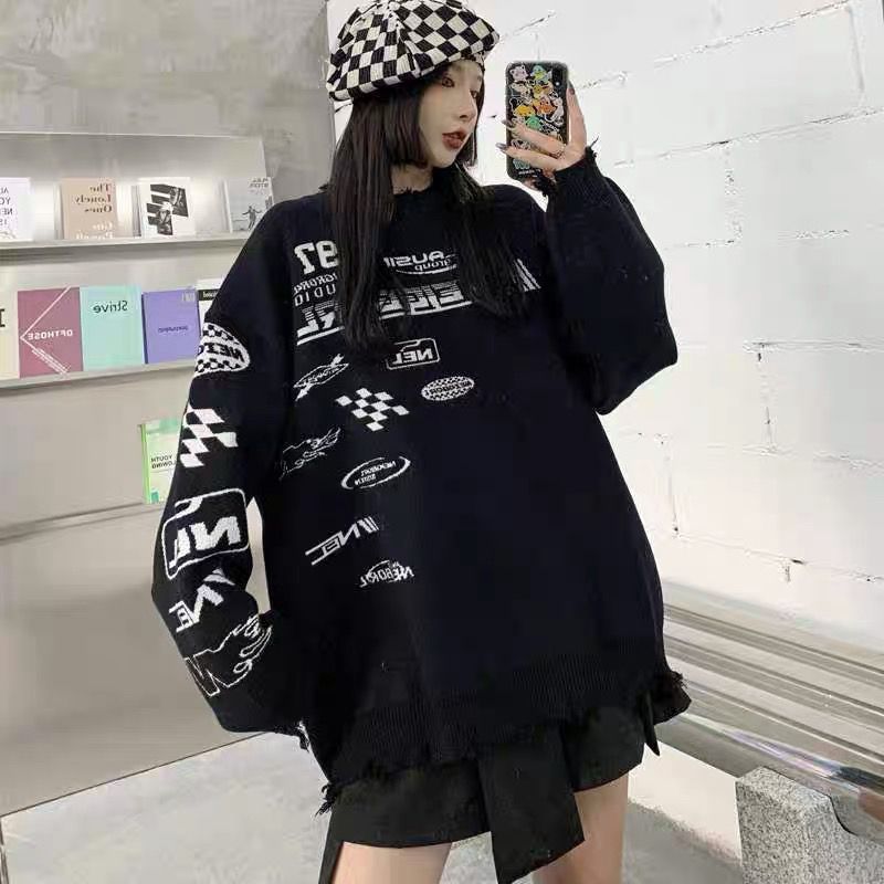 neigborl潮牌复古毛边赛车服字母提花黑色毛衣宽松男女情侣针织衫