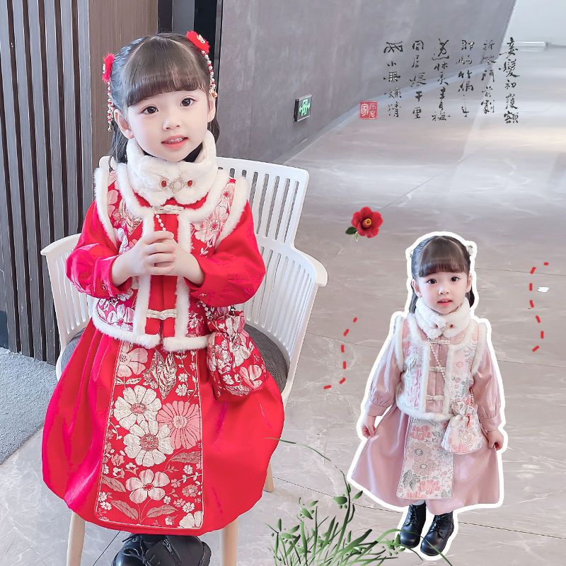 女童唐装冬装中国风拜年服宝宝加绒加厚古装汉服儿童过年旗袍套装
