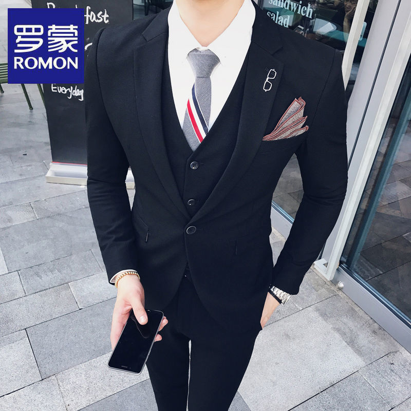 Romon men's high-end suit full set male Korean version of the slim casual suit suit brother group wedding groom dress
