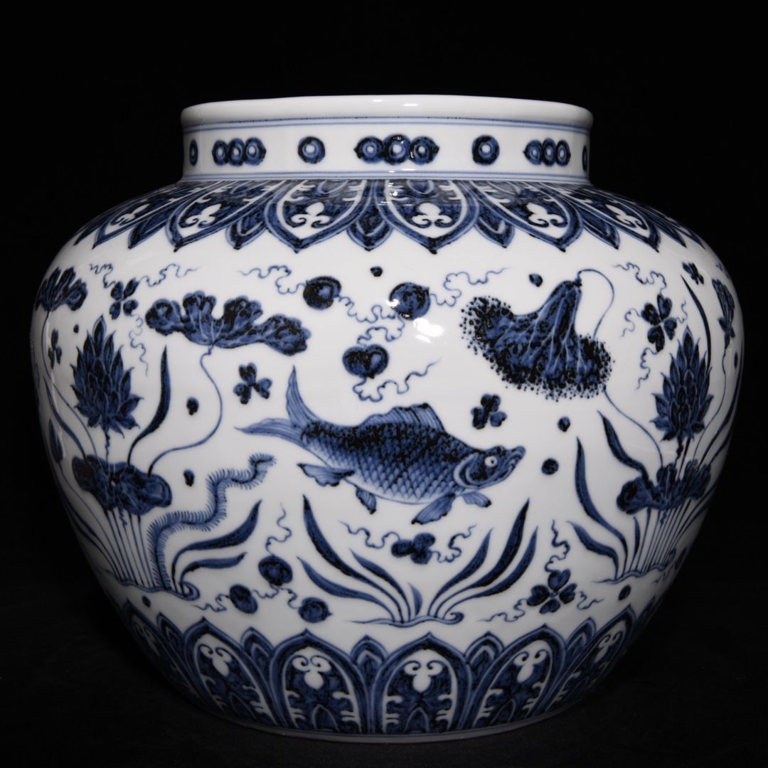 古董古玩收藏真品包老保真老瓷器宋瓷摆件 宣德青花鱼藻纹罐