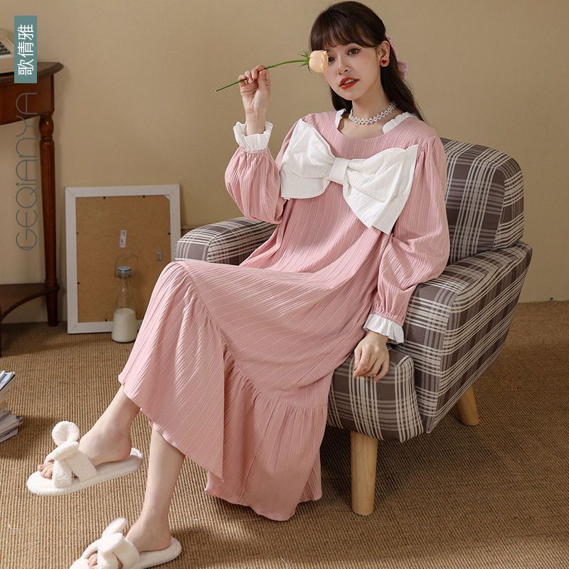 Songqianya nightdress women's spring and autumn long-sleeved cotton loose pajamas sweet princess wind and winter long knee-length dress