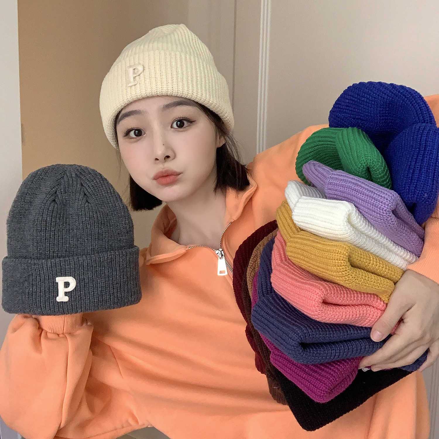 Internet celebrity p letter woolen hat for women autumn and winter Korean version ins trend fashion warm and versatile student knitted melon skin cold hat