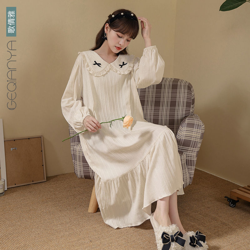 Songqianya nightdress women's spring and autumn long-sleeved cotton loose pajamas sweet princess wind and winter long knee-length dress