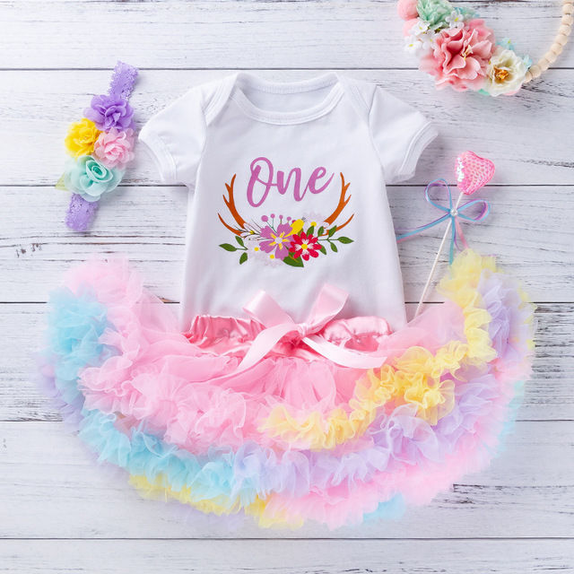Korean Girls Birthday Suit Candy Color Baby Cotton Cartoon Embroidered Birthday One-year-old Little Princess Dress 3-Piece Set