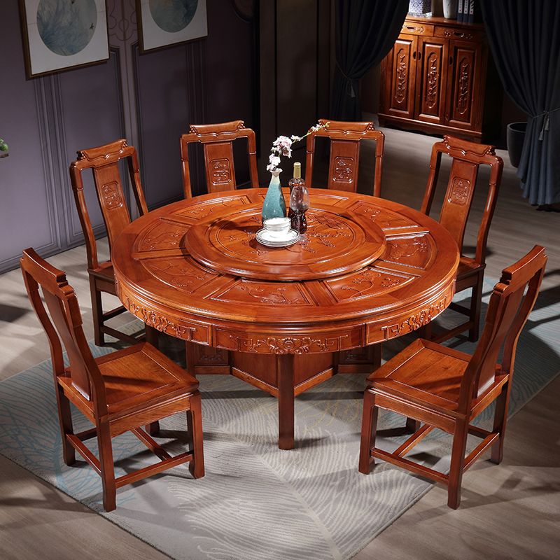 红木餐桌全实木雕花圆形餐桌椅组合中式家用大饭桌花梨木明清古典