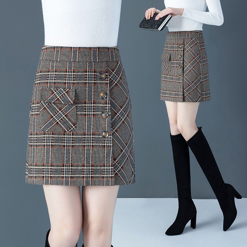 Woolen plaid skirt women's autumn and winter new high waist fashion thickened a-line one-step skirt bag hip skirt
