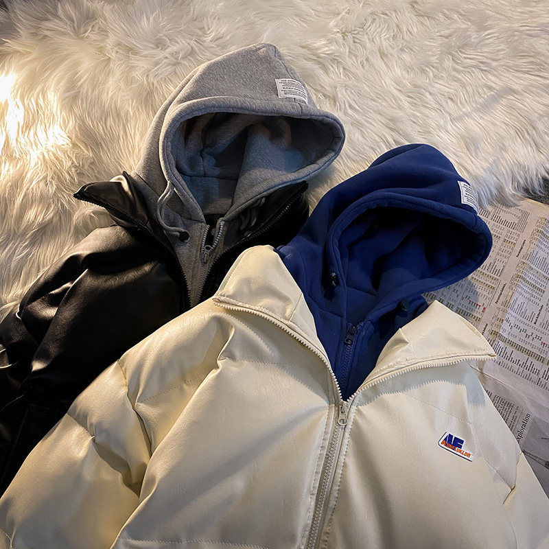 Fake two cotton-padded coats for men pu leather clothing trend autumn and winter cotton-padded coats thickened warm cotton-padded coats for men_voghion.com