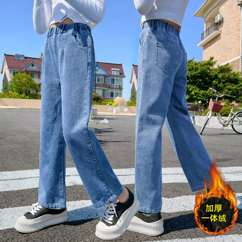 女童褲子秋冬外穿新款洋氣中大童一體絨闊腿褲冬季兒童加絨牛仔褲