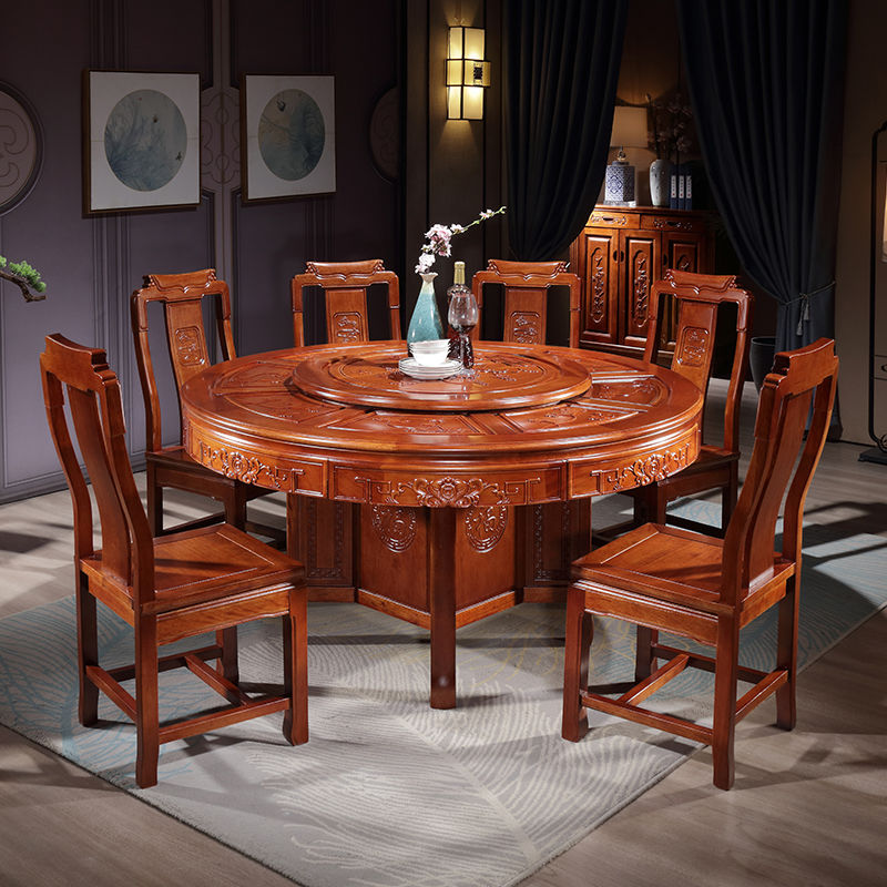 红木餐桌全实木雕花圆形餐桌椅组合中式家用大饭桌花梨木明清古典