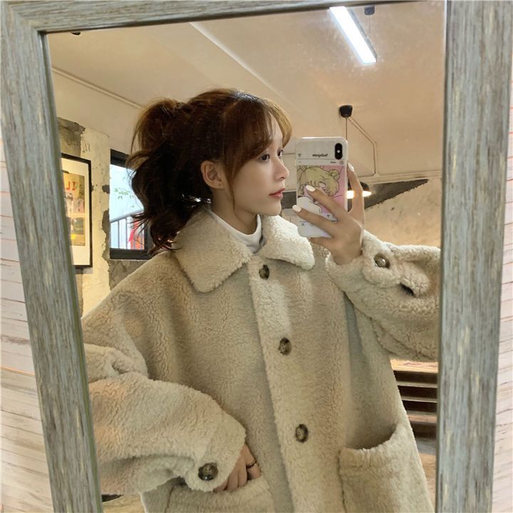 Casual imitation lamb velvet thick jacket women  winter new all-match plus velvet POLO collar loose top women