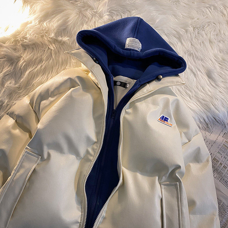 Fake two cotton-padded coats for men pu leather clothing trend autumn and winter cotton-padded coats thickened warm cotton-padded coats for men_voghion.com