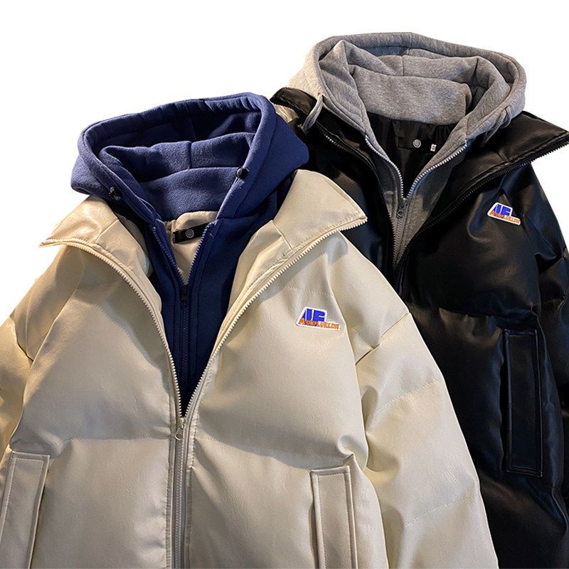 Fake two cotton-padded coats for men pu leather clothing trend autumn and winter cotton-padded coats thickened warm cotton-padded coats for men_voghion.com