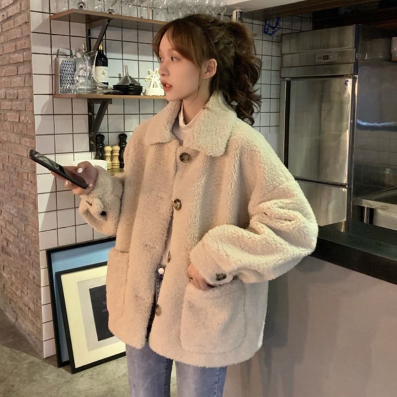 Casual imitation lamb velvet thick jacket women  winter new all-match plus velvet POLO collar loose top women