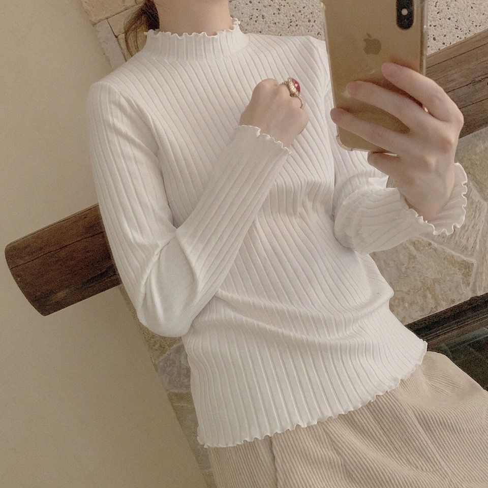 Autumn and winter retro versatile and cute lace collar white pit strip long-sleeved knitted bottoming shirt for women