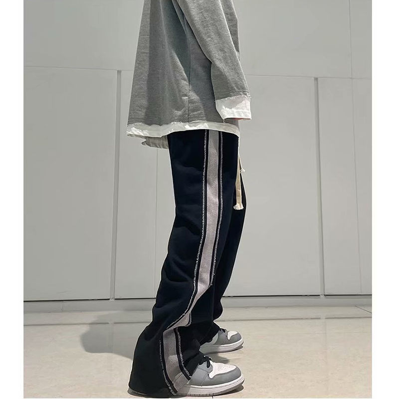 Striped color contrast casual pants men's autumn and winter trend loose straight wide-leg pants students all-match sports long pants