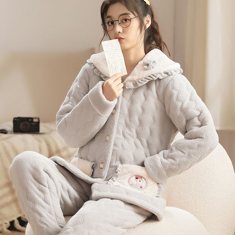 Coral fleece pajamas women's winter three-layer quilted can be worn outside thickened plus velvet student dormitory flannel home service suit