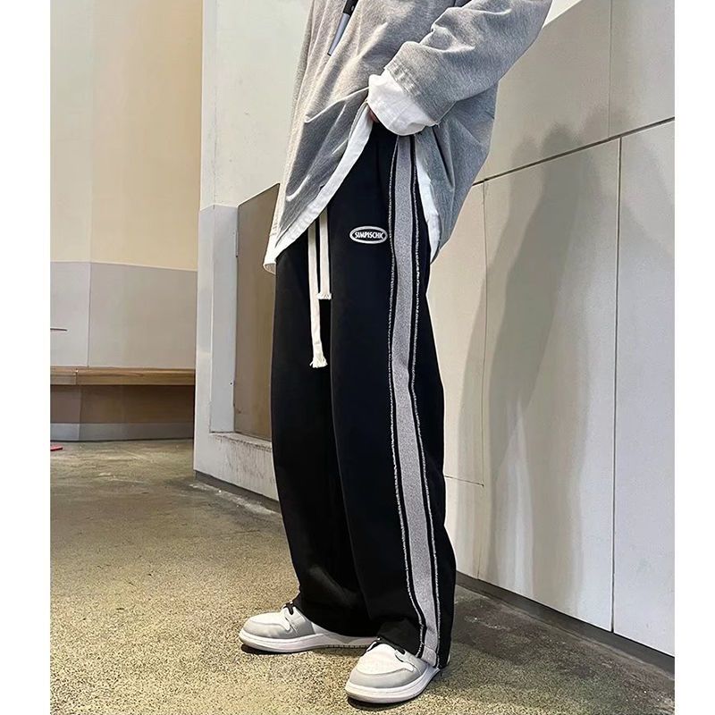 Striped color contrast casual pants men's autumn and winter trend loose straight wide-leg pants students all-match sports long pants