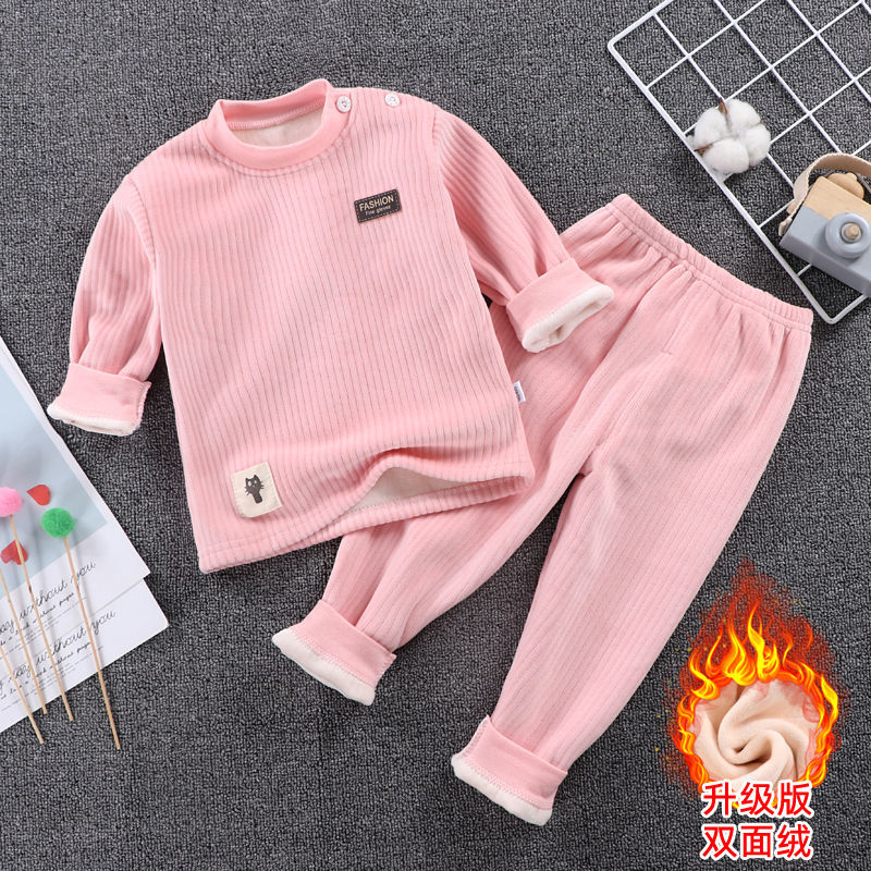 New children's double-sided fleece warm clothing suit plus fleece thickened baby baby boys and girls autumn and winter 0-7 years old