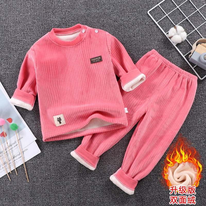 New children's double-sided fleece warm clothing suit plus fleece thickened baby baby boys and girls autumn and winter 0-7 years old
