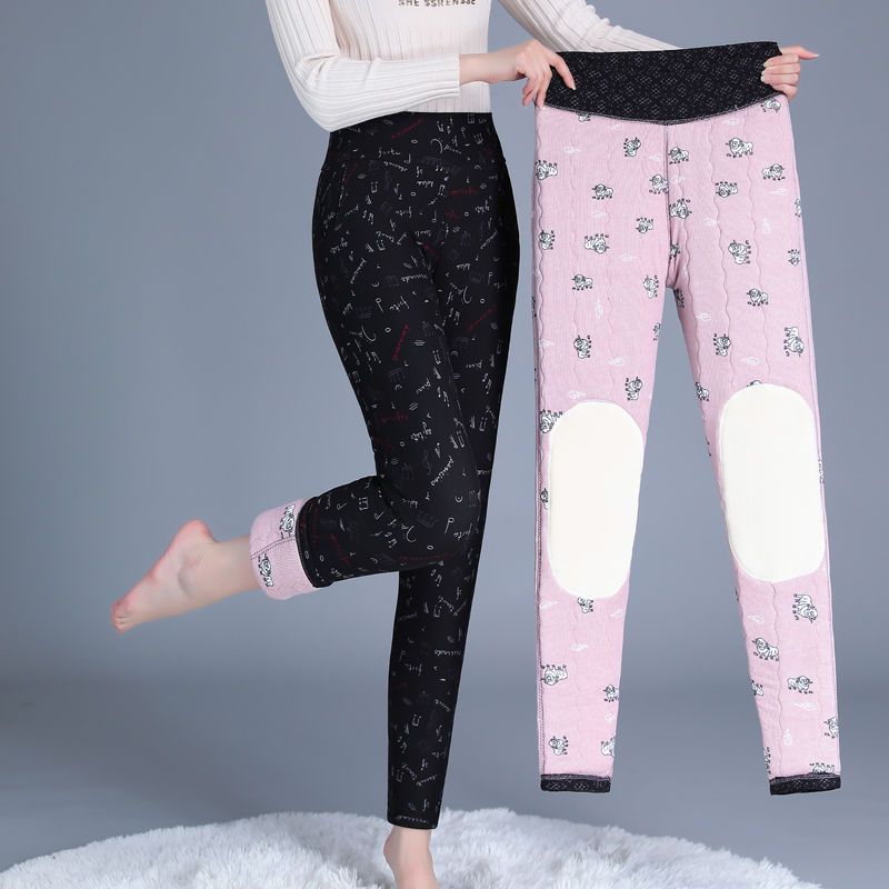 Middle-aged and elderly women's silk cotton warm cotton pants plus velvet thickened body pants mother knee pads waist high-end warm pants