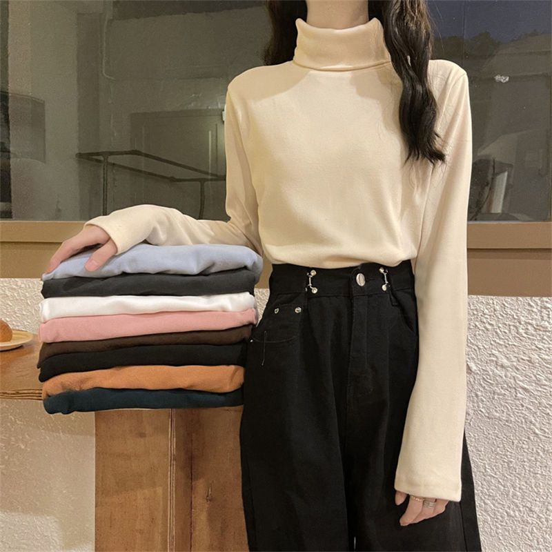 高領雙面德絨打底衫女秋冬季長袖T恤上衣洋氣百搭自發熱保暖內搭