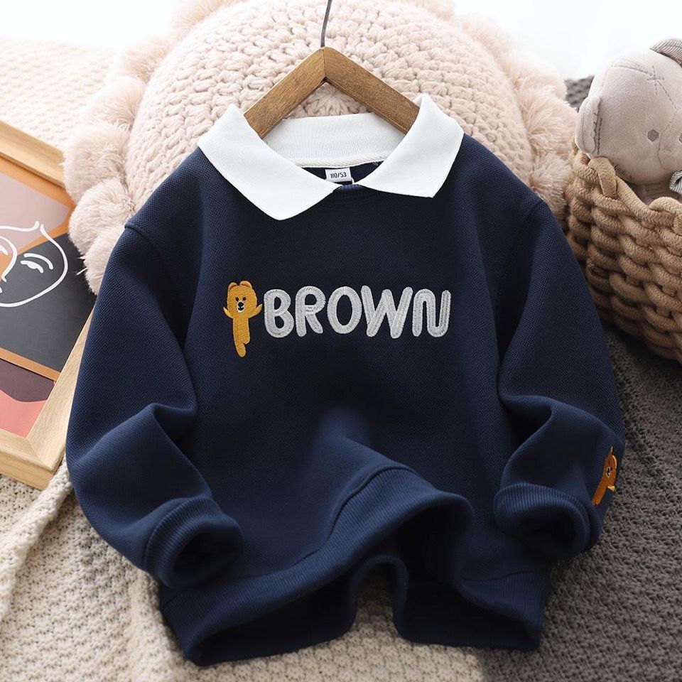 Boys fleece sweater 2023 autumn and winter new children's casual foreign style polo shirt thickened warm bottoming top trend