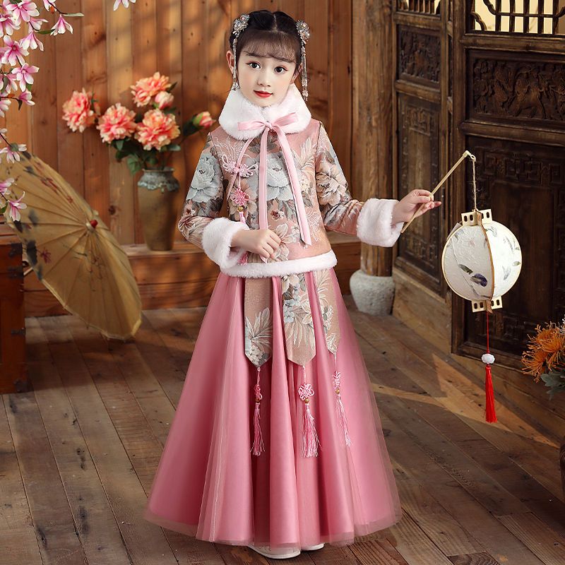 漢服女童冬裝古裝超仙中國風女孩唐裝加厚兒童套裝秋冬拜年服加絨