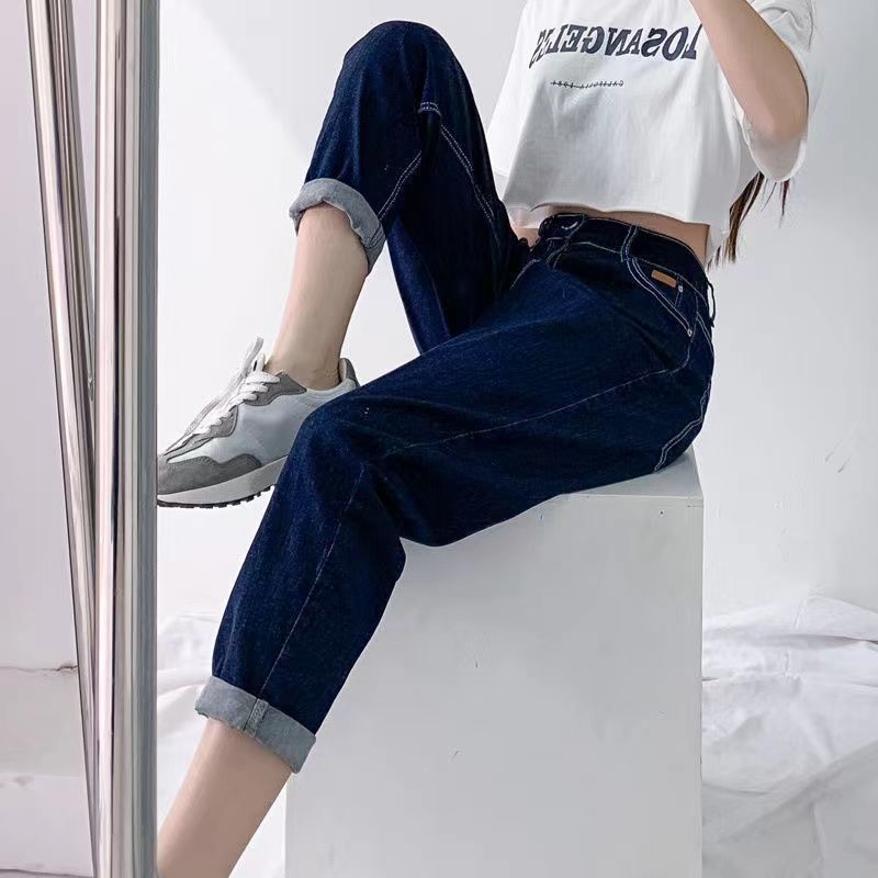 深藍彈力牛仔褲女2023新款高腰顯瘦寬鬆哈倫百搭九分老爹蘿蔔褲潮