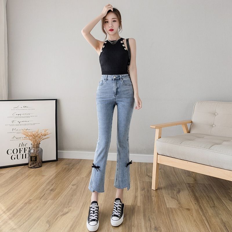  Summer New Thin Section High Waist Nine Points Eight Points Thin Women's Slit Jeans with Slightly Lace Slits