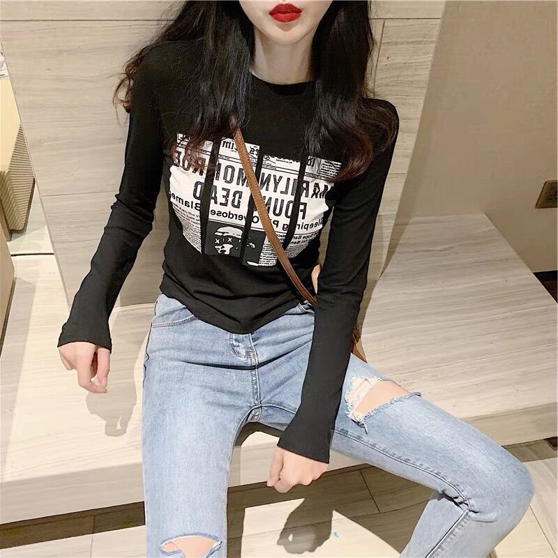 Autumn and winter Western-style tight-fitting and thin inner tops for women Slim all-match printed T-shirts with waist and outerwear Bottom shirts for spring