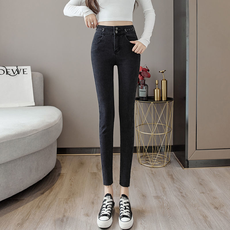 Small black high-waist plus velvet jeans women look thin nine points 2023 autumn and winter new eight-point skinny pants