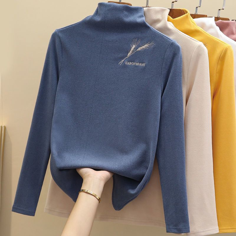 2021 autumn and winter new double-sided German velvet thickened plus velvet half-high collar bottoming shirt women's inner warm long-sleeved top T